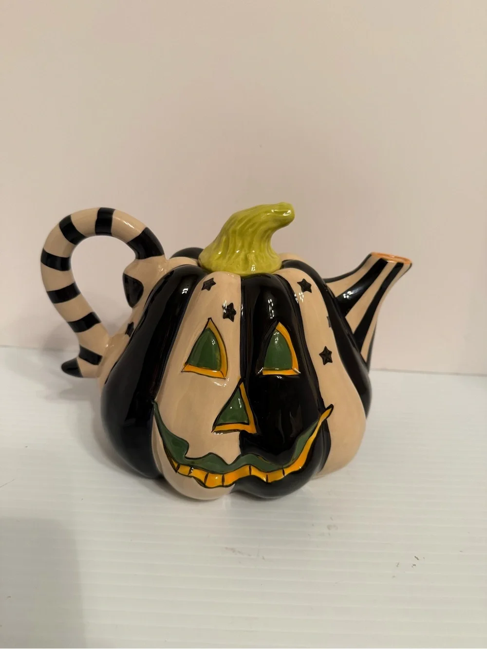 Blue Sky Clayworks Halloween Black White Jack O Lantern Teapot Mackenzie New